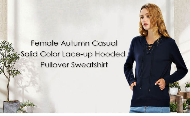 Female Autumn Casual Solid Color Lace-up Hooded Pullover Sweatshirt