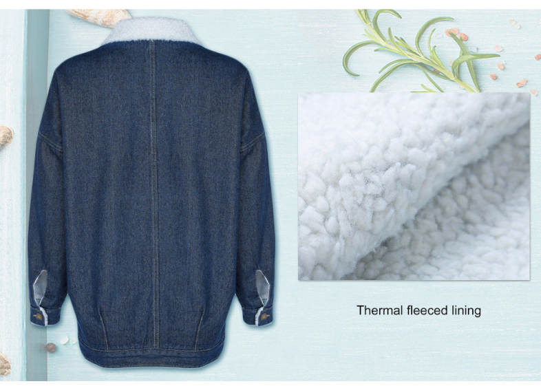 Female Trendy Loose Warm Thicken Turn-over Collar Fleeced Lining Denim Jacket