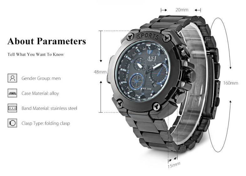 ASJ 8155 Men Quartz Watch Calendar Stainless Steel Band Male Wristwatch
