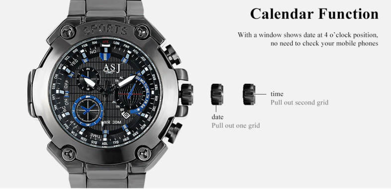 ASJ 8155 Men Quartz Watch Calendar Stainless Steel Band Male Wristwatch