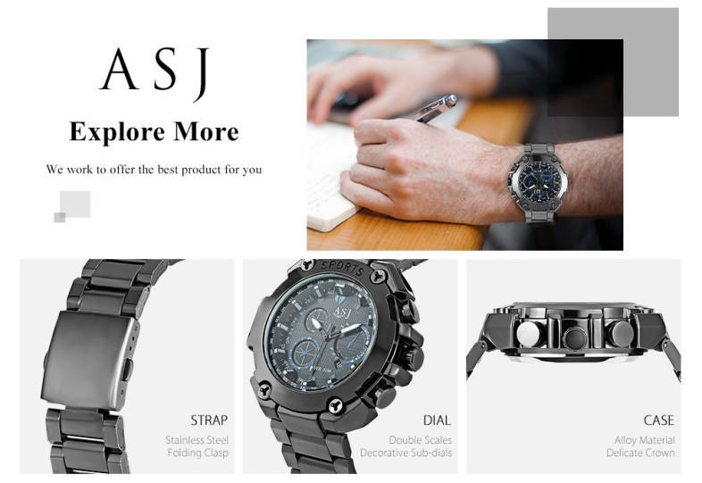 ASJ 8155 Men Quartz Watch Calendar Stainless Steel Band Male Wristwatch