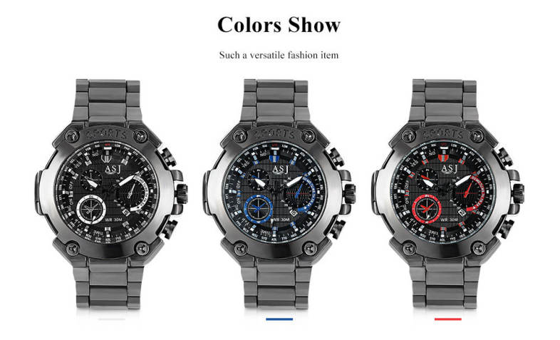 ASJ 8155 Men Quartz Watch Calendar Stainless Steel Band Male Wristwatch
