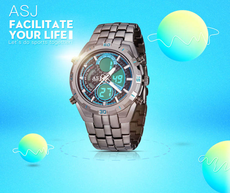 ASJ B897 Dual Movt Sports LED Male Watch Calendar Stopwatch Alarm Men Wristwatch