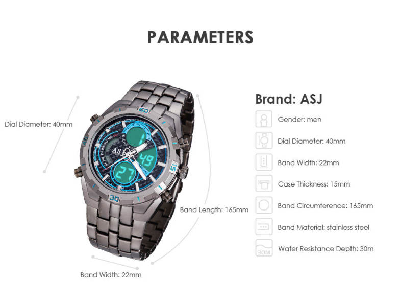 ASJ B897 Dual Movt Sports LED Male Watch Calendar Stopwatch Alarm Men Wristwatch