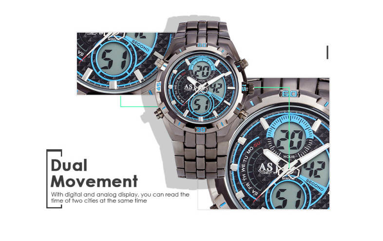 ASJ B897 Dual Movt Sports LED Male Watch Calendar Stopwatch Alarm Men Wristwatch