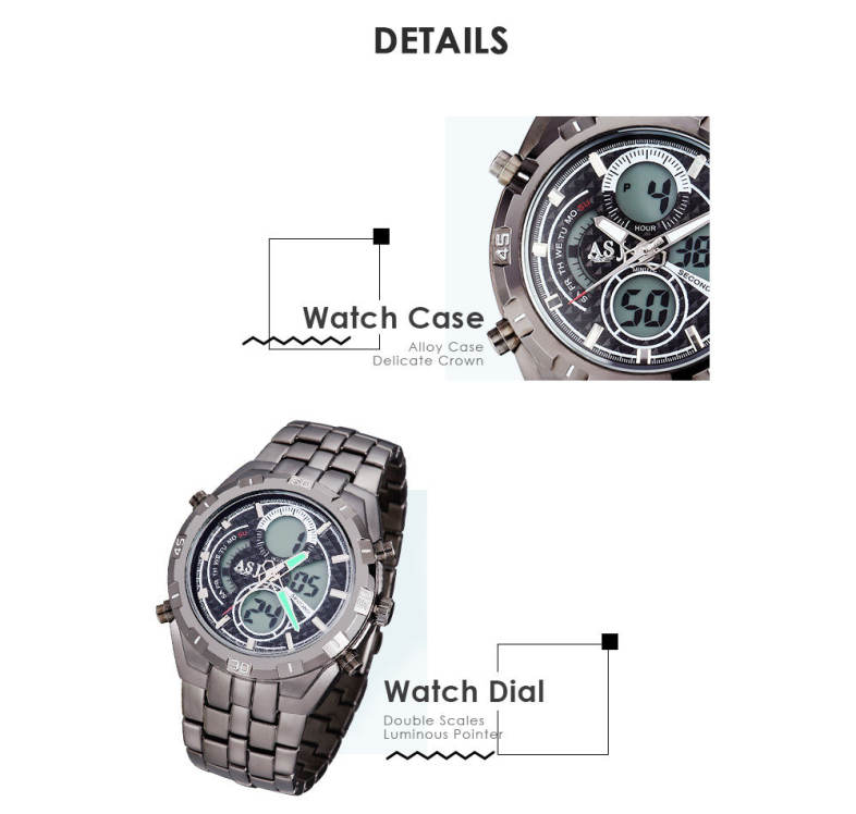 ASJ B897 Dual Movt Sports LED Male Watch Calendar Stopwatch Alarm Men Wristwatch