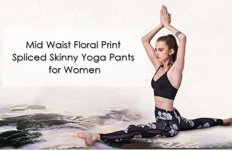 Trendy Mid Waist Floral Print Mesh Spliced Skinny Women Yoga Pants 