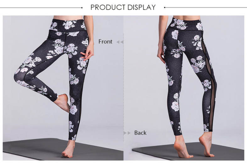 Trendy Mid Waist Floral Print Mesh Spliced Skinny Women Yoga Pants 