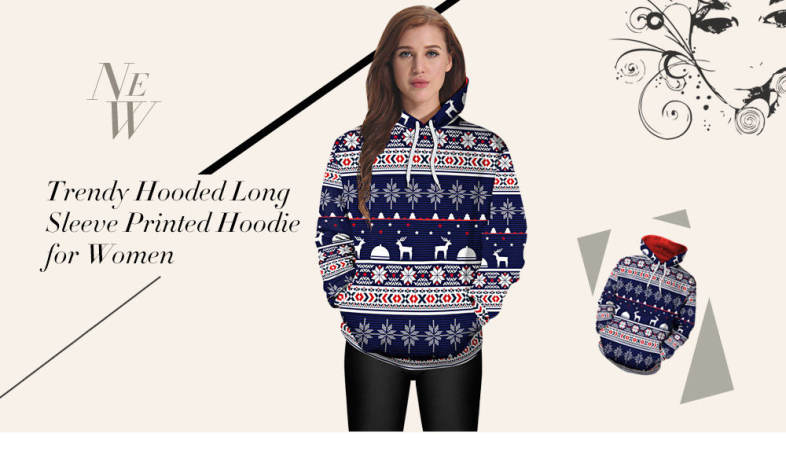 Trendy Hooded Long Sleeve Printed Pocket Women Hoodie