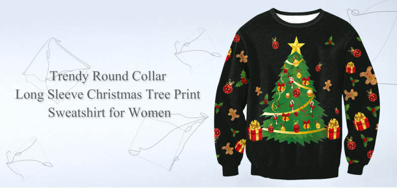Trendy Round Collar Long Sleeve Christmas Tree Print Women Sweatshirt