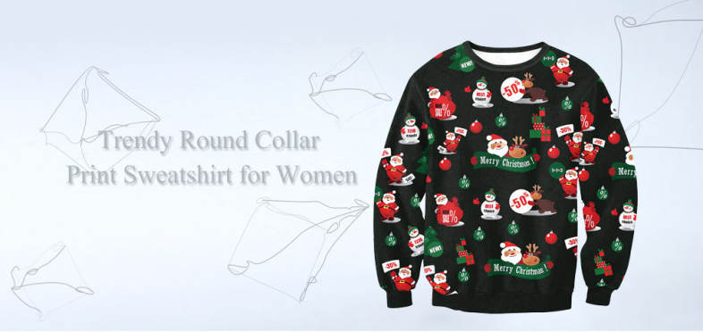 Trendy Round Collar Long Sleeve Santa Claus Print Women Sweatshirt