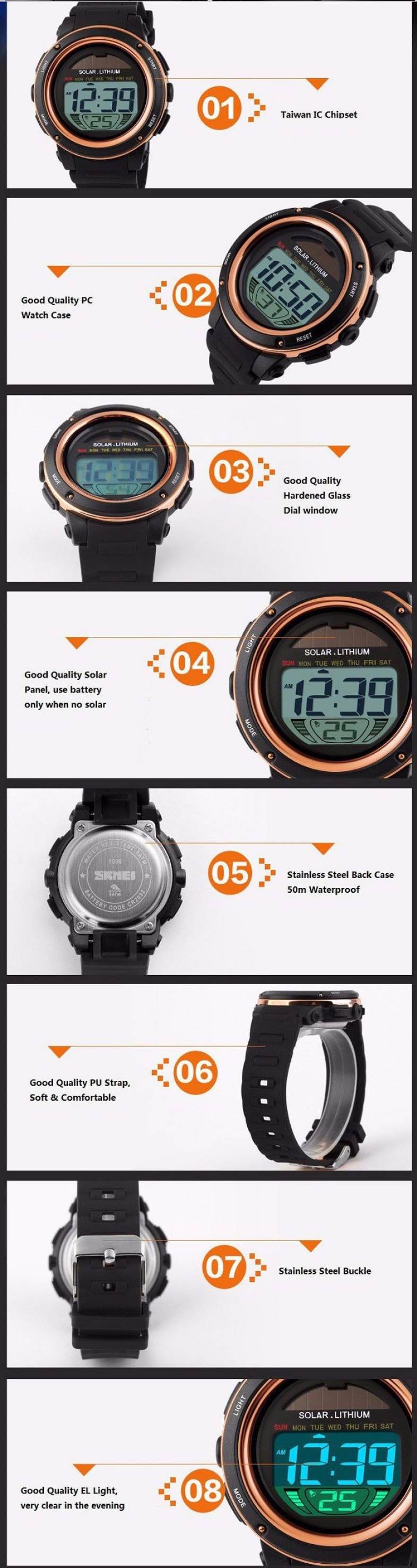 Skmei 1096 5ATM Water Resistant Solar Power LED Sports Watch with Backlight Alarm