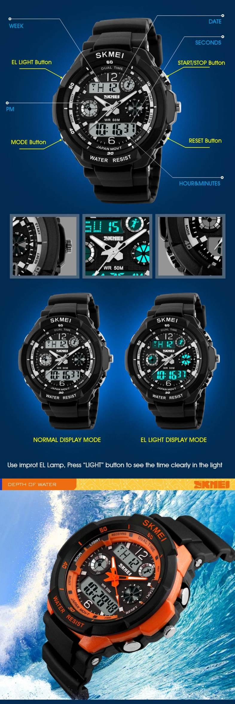 Skmei 0931 Green LED Military Watch with 2 Time Zone Chronograph Double Movts and Round Dial