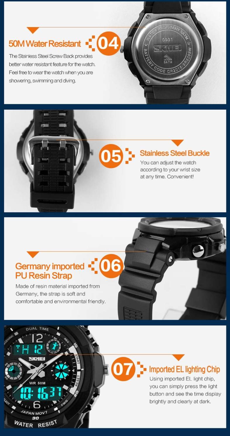 Skmei 0931 Green LED Military Watch with 2 Time Zone Chronograph Double Movts and Round Dial