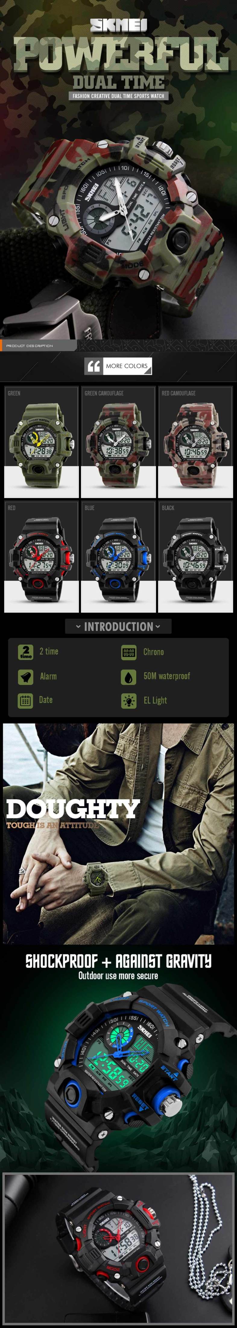 Skmei 1029 Army LED Dual-movt Wristwatch Week Date Stopwatch 5ATM Water Resistant Military Watch for Sports