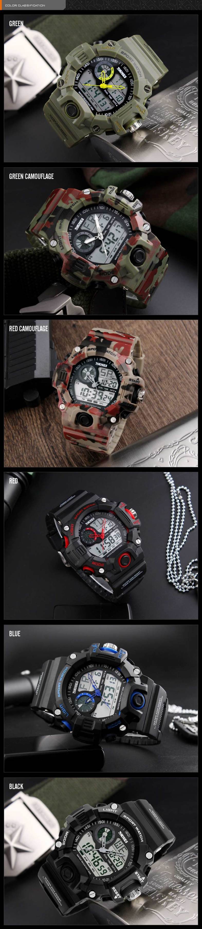 Skmei 1029 Army LED Dual-movt Wristwatch Week Date Stopwatch 5ATM Water Resistant Military Watch for Sports