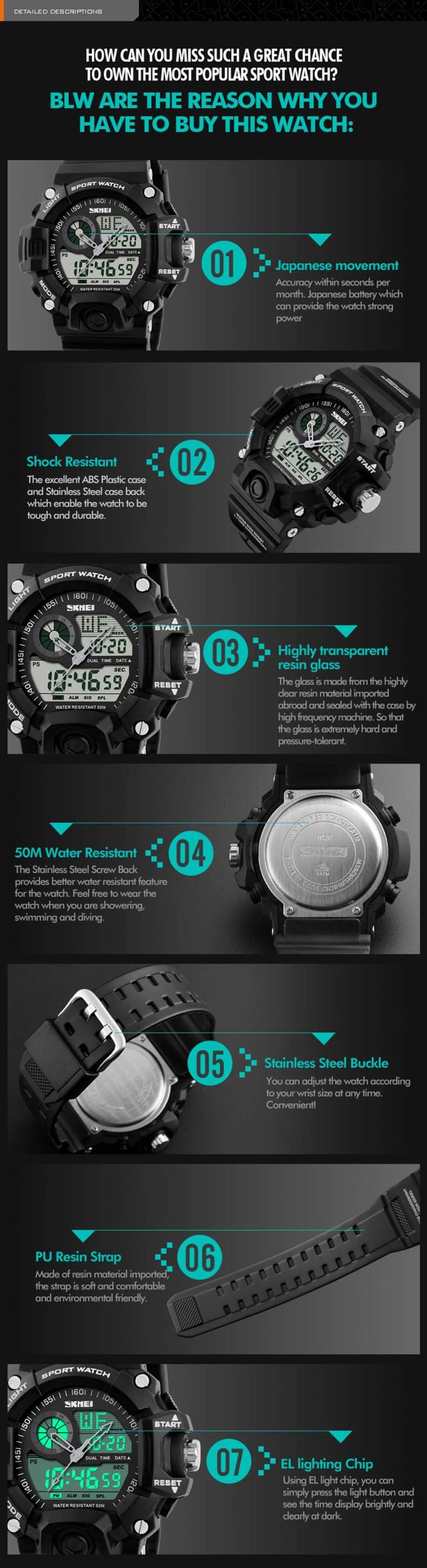 Skmei 1029 Army LED Dual-movt Wristwatch Week Date Stopwatch 5ATM Water Resistant Military Watch for Sports