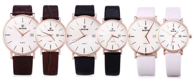 SKONE 9307 Ultrathin Quartz Couple Watch with PU Leather Strap