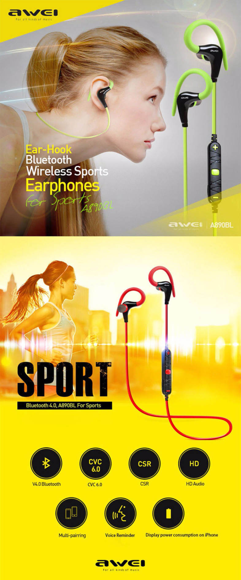 Awei A890BL Wireless Sports Bluetooth 4.0 Earphone with Handsfree Function