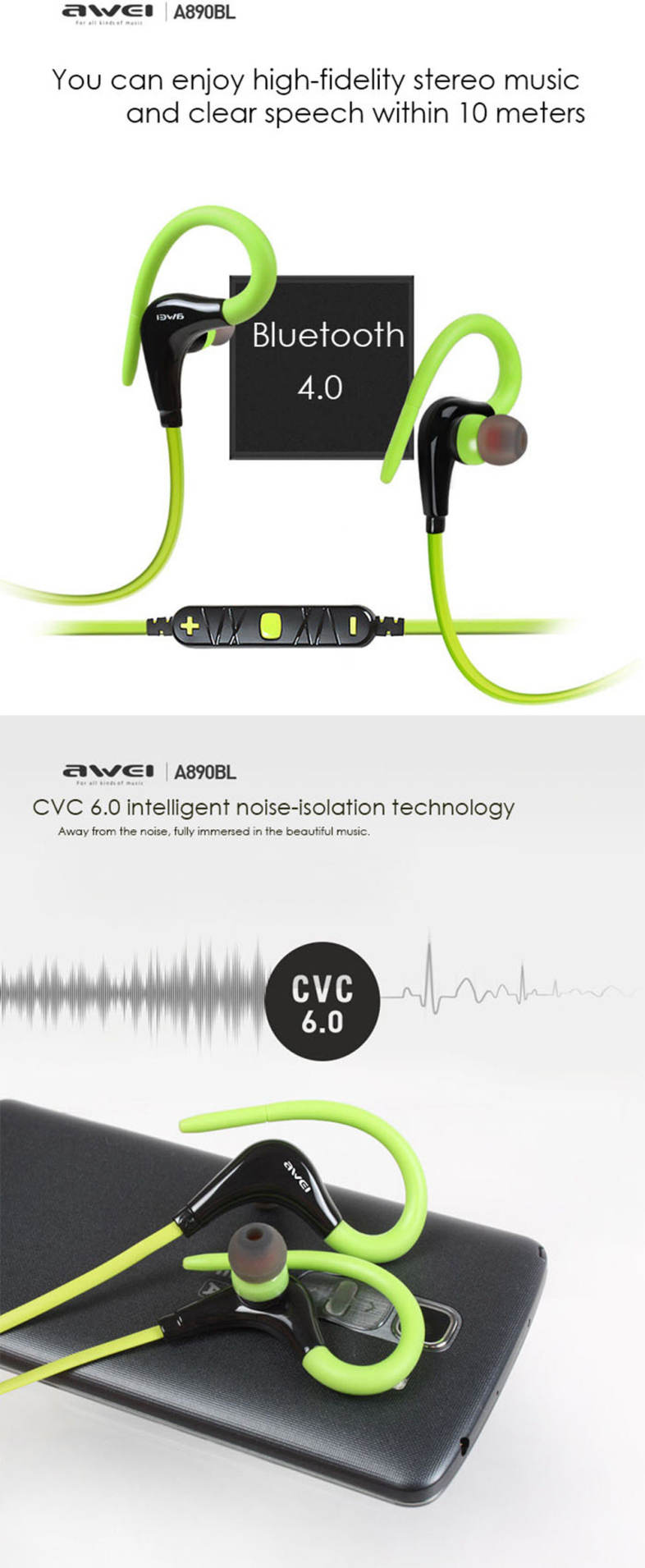 Awei A890BL Wireless Sports Bluetooth 4.0 Earphone with Handsfree Function