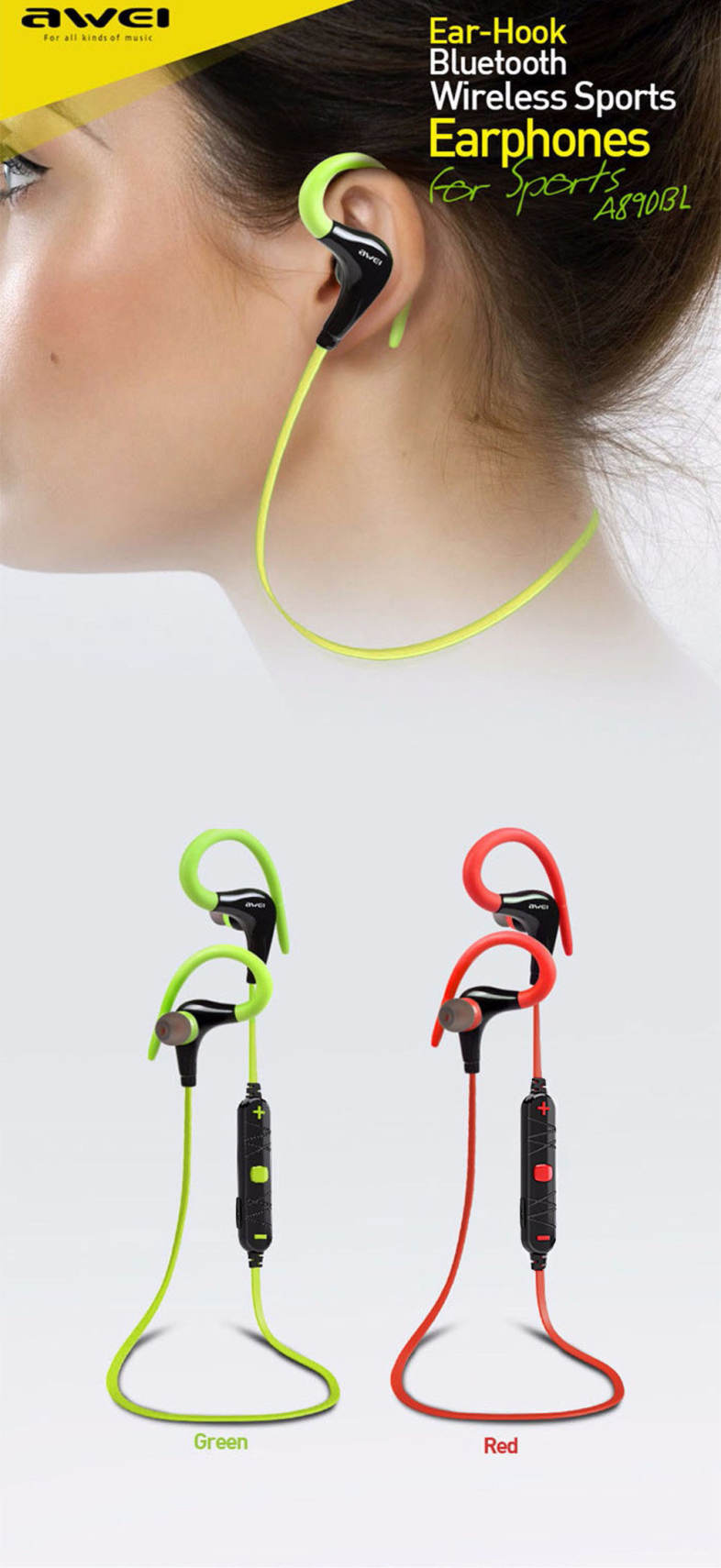 Awei A890BL Wireless Sports Bluetooth 4.0 Earphone with Handsfree Function