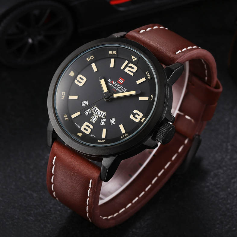 NAVIFORCE NF9028 Men Quartz Watch Analog Wristwatch Date Watches PU Strap
