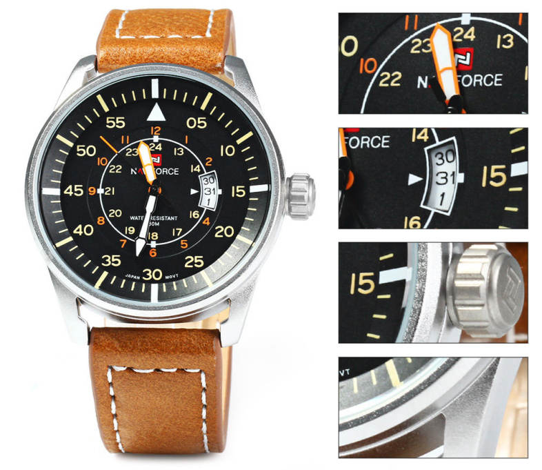 NAVIFORCE NF9044 Men Quartz Watch Analog Wristwatch Date Watches PU Strap