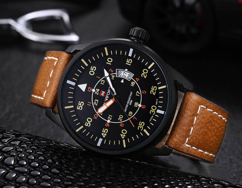 NAVIFORCE NF9044 Men Quartz Watch Analog Wristwatch Date Watches PU Strap