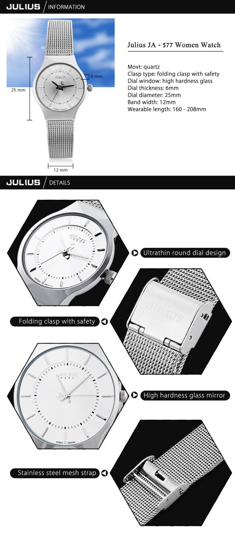 Julius JA - 577 Female Quartz Wrist Watch Ultrathin Stainless Steel Mesh Band
