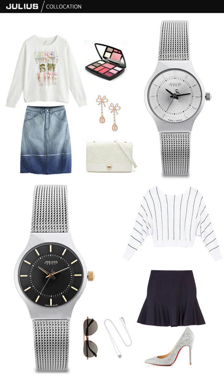 Julius JA - 577 Female Quartz Wrist Watch Ultrathin Stainless Steel Mesh Band