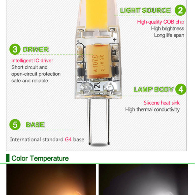 6pcs 3W Dimmable G4 LED Lamps DC AC 12V COB Bulb Chandelier White Light