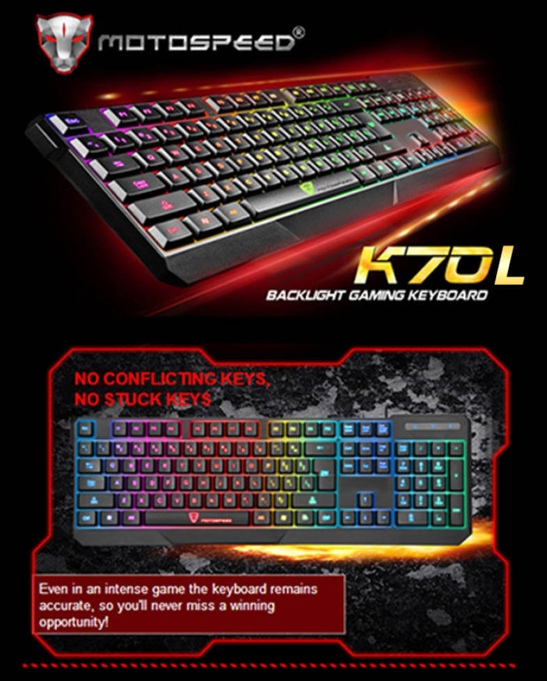 MotoSpeed K70L 7-Color Backlight Gaming Keyboard USB Powered for Desktop Laptop