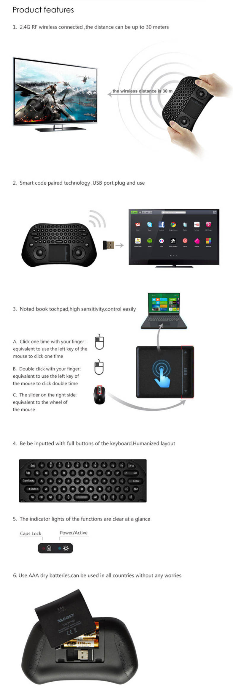 MEASY GP800 2.4GHz Wireless Keyboard Air Smart Mouse Tochpad Remote Control for TV Box / Laptop / Tablet PC