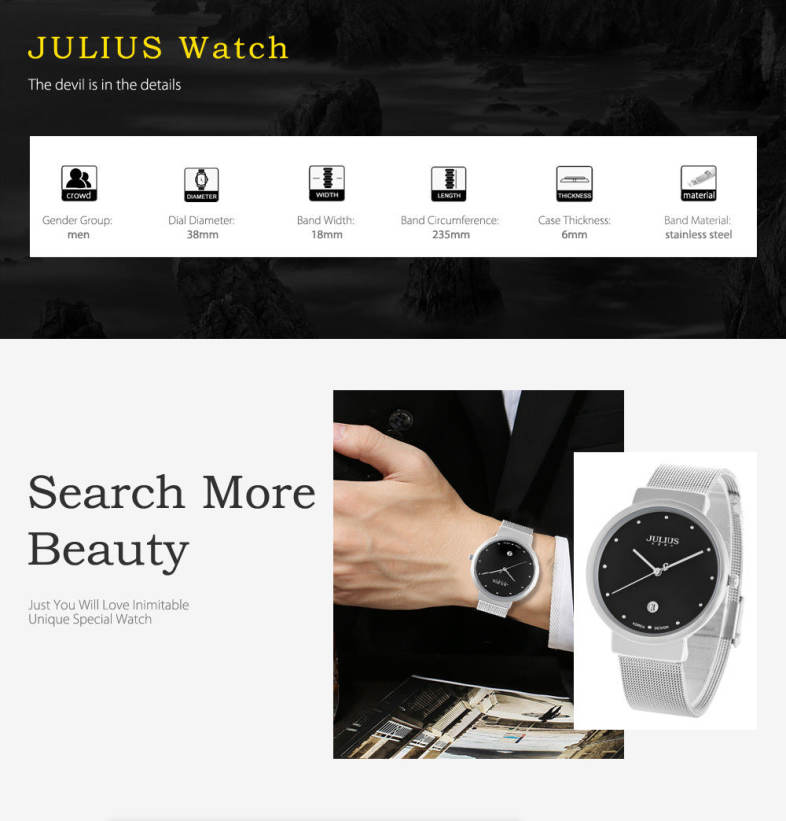 Julius JA - 426M Male Ultrathin Stainless Steel Mesh Band Quartz Wrist Watch