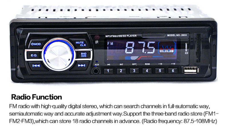 2033 Car Radio 12V Auto Audio Stereo FM SD MP3 Player AUX USB with Remote Control
