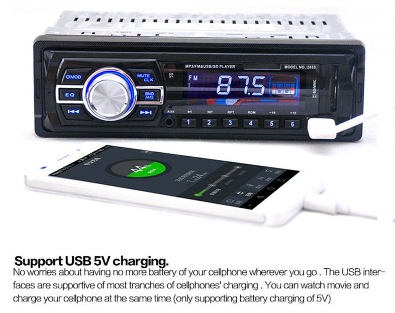 2033 Car Radio 12V Auto Audio Stereo FM SD MP3 Player AUX USB with Remote Control