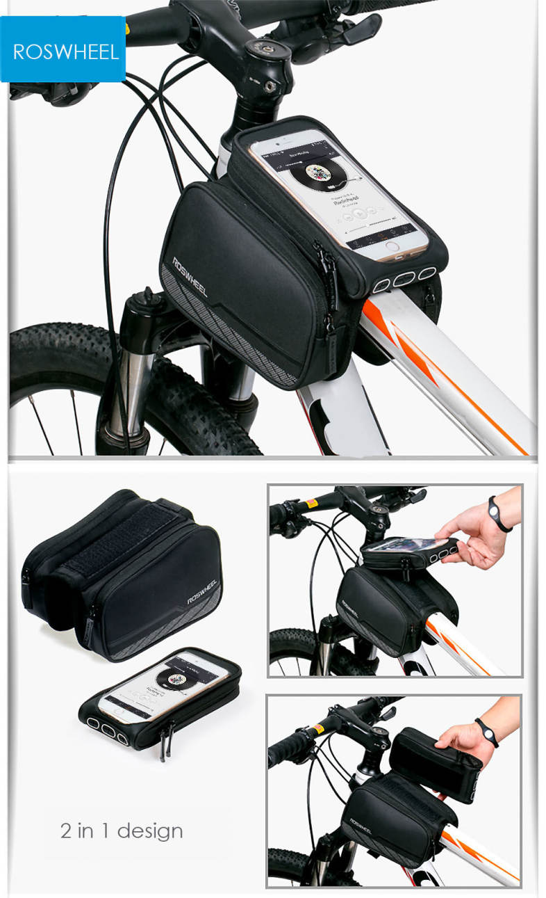 ROSWHEEL Bike Front Tube Phone Bag Double Pocket 5.5 inch Touch Screen Riding Cycling Supplies