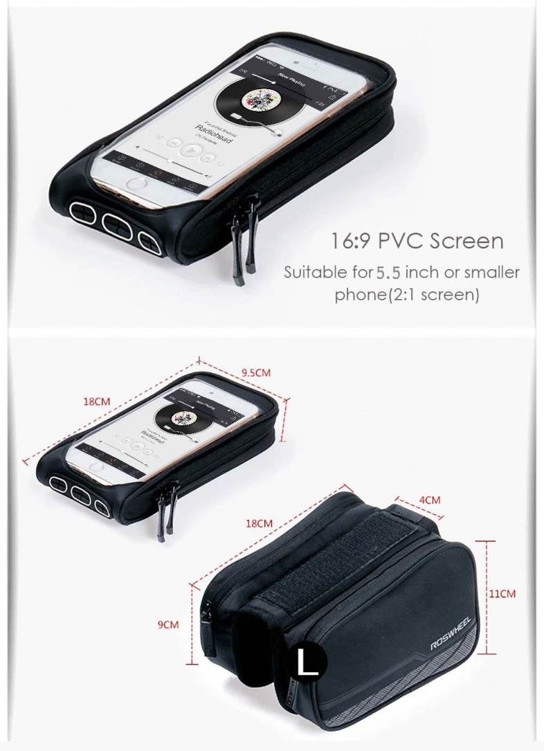 ROSWHEEL Bike Front Tube Phone Bag Double Pocket 5.5 inch Touch Screen Riding Cycling Supplies