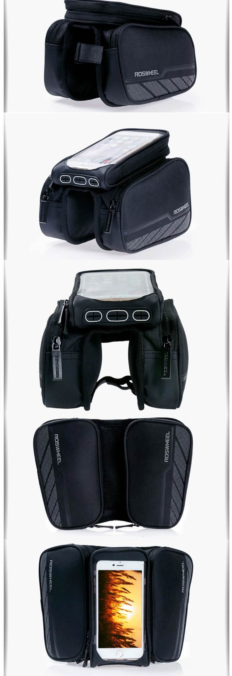 ROSWHEEL Bike Front Tube Phone Bag Double Pocket 5.5 inch Touch Screen Riding Cycling Supplies
